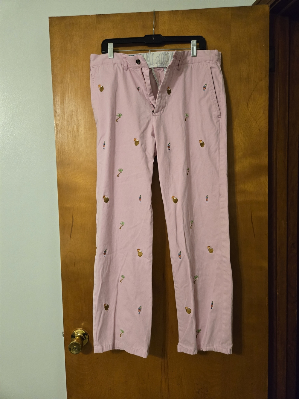 Castaway Nantucket Island Embroidered Chino Pants Pink Palm Tree Coconut Size 34